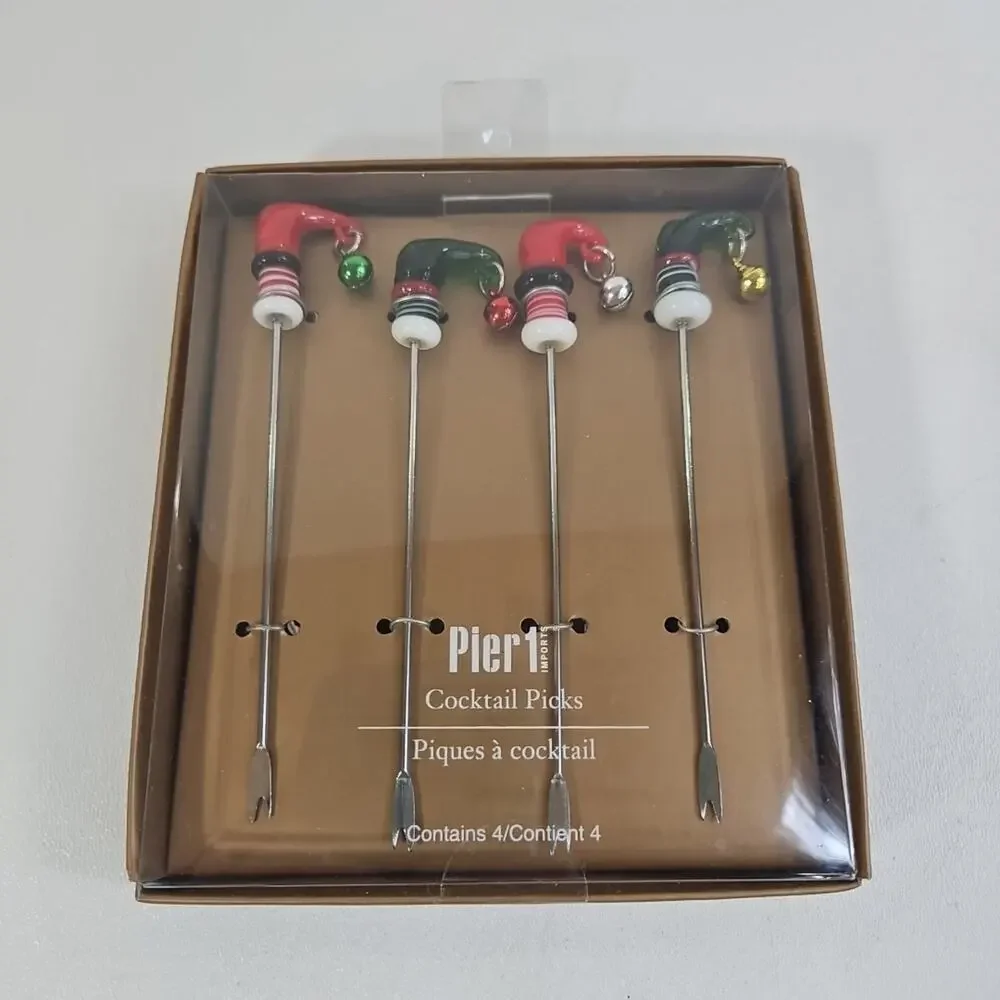 Pier 1 Imports Cocktail Picks Christmas Hors d’oeuvre Glass Top Metal Sticks NEW